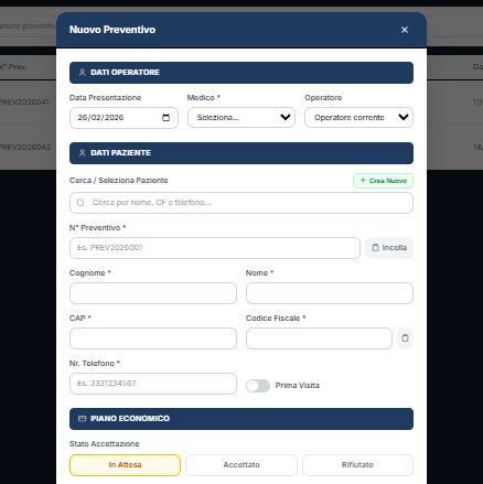 Form creazione nuovo preventivo con autocomplete paziente