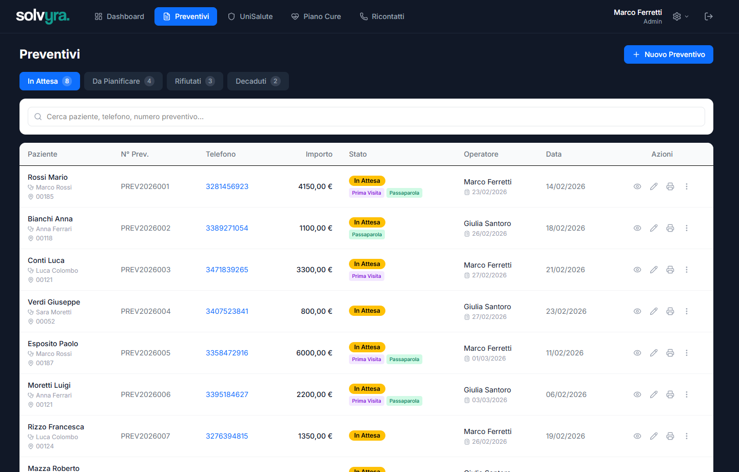 Lista preventivi con tab per stato, ricerca e azioni rapide
