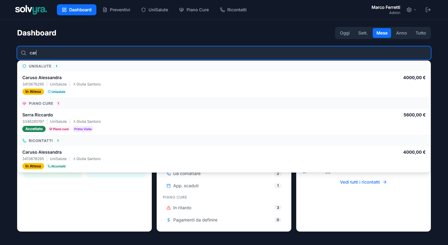 Barra di ricerca globale con risultati raggruppati per sezione